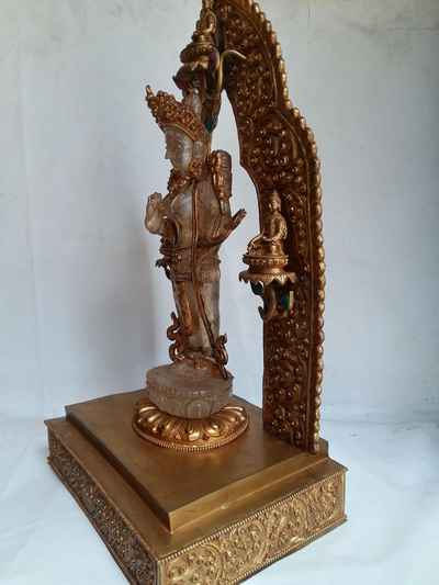 Crystal Padmapani Lokeshvara [with Gold Plated], Metal Background And Base