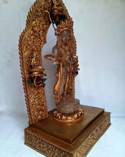 Crystal Padmapani Lokeshvara [with Gold Plated], Metal Background And Base