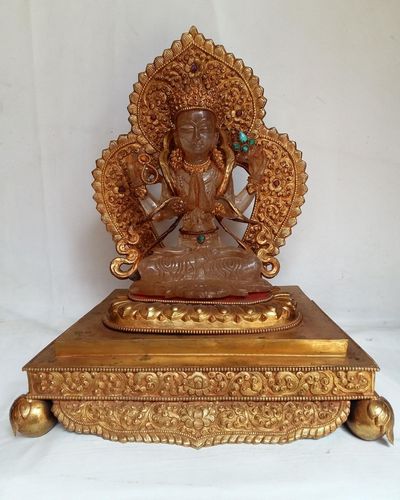 Crystal Chenrezig [with Gold Plated], Metal Background And Base