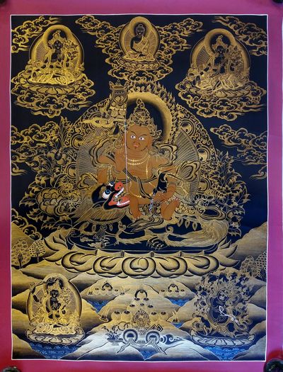 Black And Gold Lion Jambhala[lion Namtose Vaisravana Jambhala] Tibetan Thangka Painting