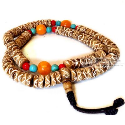 Yak Bone With Design 108 Prayer Beads Mala