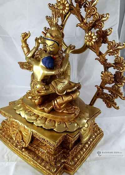 Statue Of Padmasambhava With Consort, [shakti], Yab-yum- [full Fire Gold Plated], With [painted Face], [old Post], [remakable]