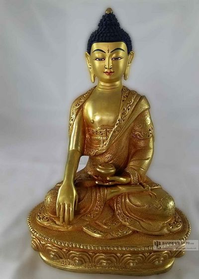 Statue Of Shakyamuni Buddha- [full Fire Gold Plated], With [painted Face]