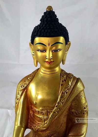 Statue Of Shakyamuni Buddha- [full Fire Gold Plated], With [painted Face]