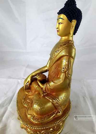 Statue Of Shakyamuni Buddha- [full Fire Gold Plated], With [painted Face]