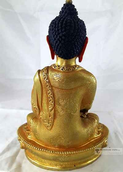 Statue Of Shakyamuni Buddha- [full Fire Gold Plated], With [painted Face]