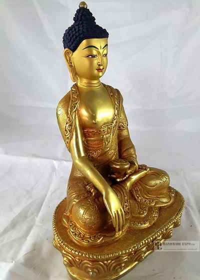 Statue Of Shakyamuni Buddha- [full Fire Gold Plated], With [painted Face]