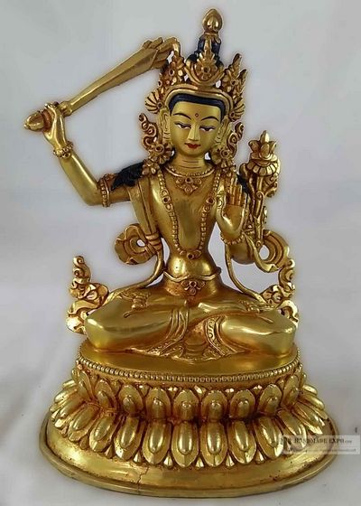 Statue Of Manjushri- [full Fire Gold Plated] With [painted Face]