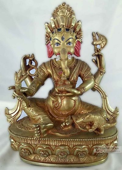 Statue Of Ganesh [full Fire Gold Plated] With [painted Face] And Carving
