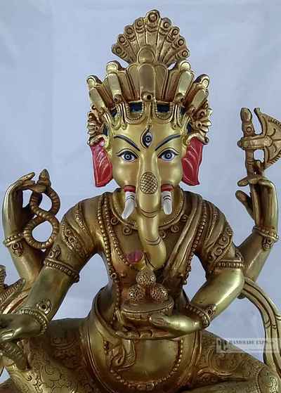 Statue Of Ganesh [full Fire Gold Plated] With [painted Face] And Carving
