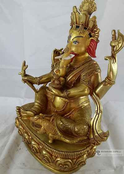 Statue Of Ganesh [full Fire Gold Plated] With [painted Face] And Carving