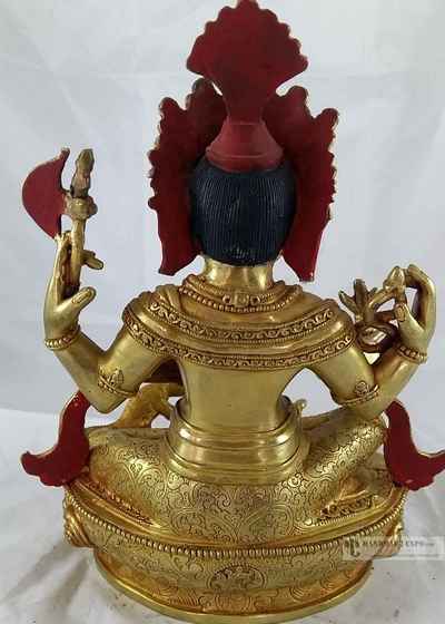 Statue Of Ganesh [full Fire Gold Plated] With [painted Face] And Carving