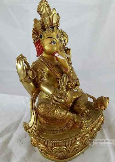 Statue Of Ganesh [full Fire Gold Plated] With [painted Face] And Carving