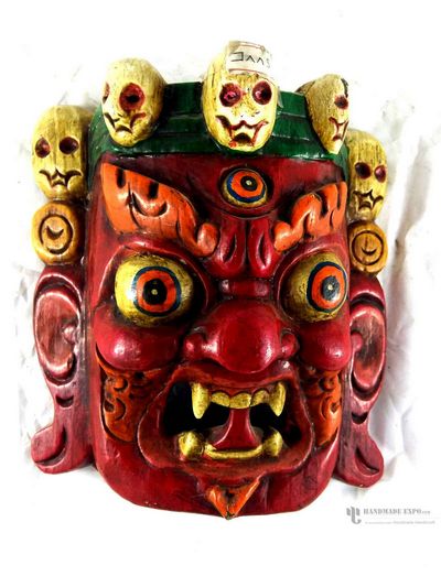 Black Mahakala Head [painted] Wooden Mask For Decorative Wall Hangings, [painted], Poplar Wood