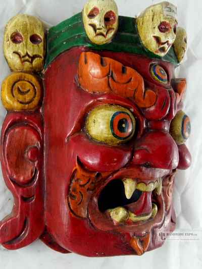 Black Mahakala Head [painted] Wooden Mask For Decorative Wall Hangings, [painted], Poplar Wood