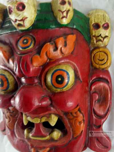 Black Mahakala Head [painted] Wooden Mask For Decorative Wall Hangings, [painted], Poplar Wood