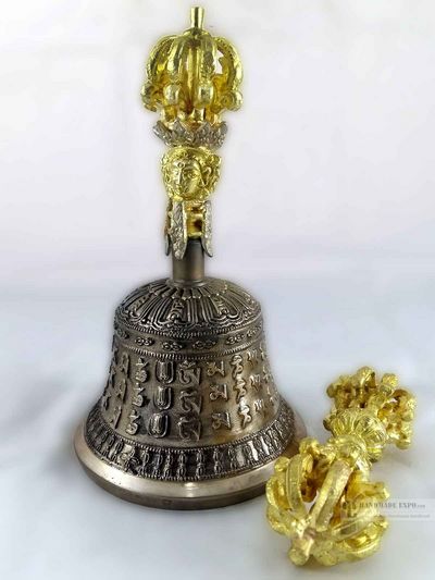 Bronze Bell And Dorje[vajra] - With 9 Ends, Mantra Carved