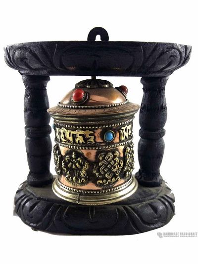 Brass Prayer Wheel On Wooden Frame - Ashtamangala Small, Wall Mountable