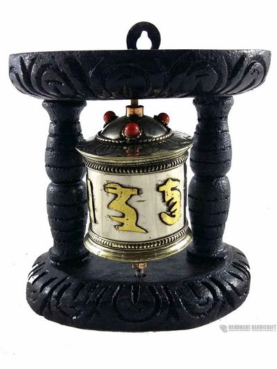 White Metal Prayer Wheel On Wooden Frame, Wall Mountable