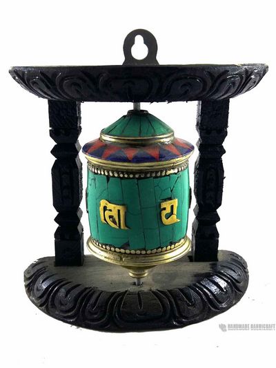 Brass Prayer Wheel On Wooden Frame- [stone Setting], Wall Mountable