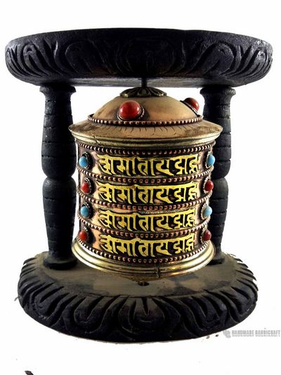 Brass Prayer Wheel On Wooden Frame- Mantra, Wall Mountable