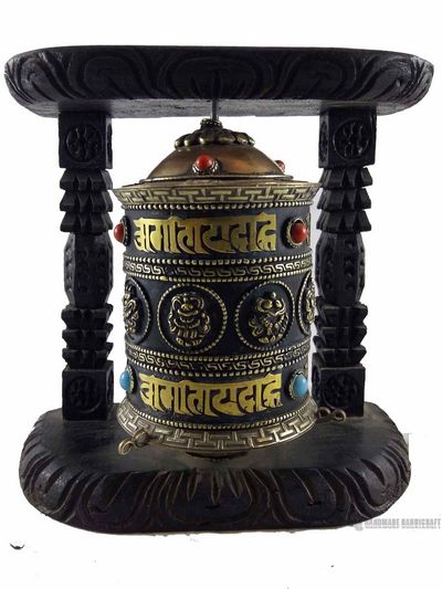 Brass Prayer Wheel On Wooden Frame - Ashtamangala, Wall Mountable