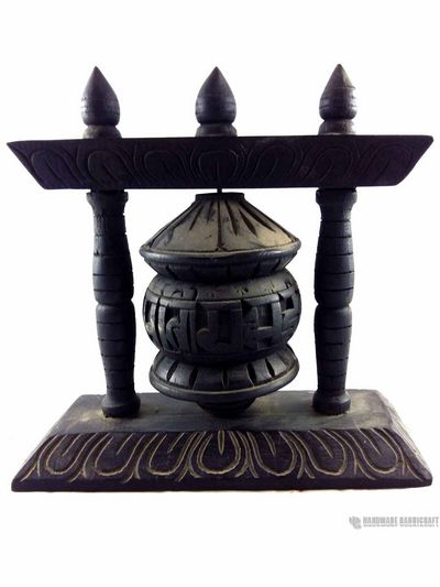 Wooden Prayer Wheel On Wooden Stand, Wall Mountable