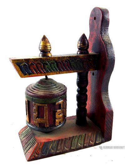 Wooden Prayer Wheel On Wooden Stand, Wall Mountable