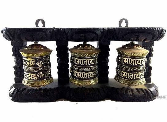 Three Prayer Wheel Set On Wooden Frame - Small, Wall Mountable