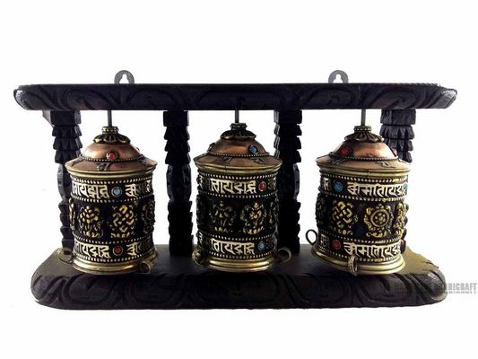 Three Prayer Wheel Set On Wooden Frame, Wall Mountable