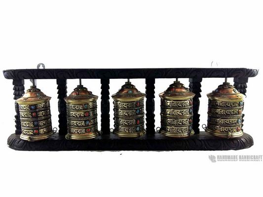 Five Prayer Wheel Set On Wooden Frame, Wall Mountable