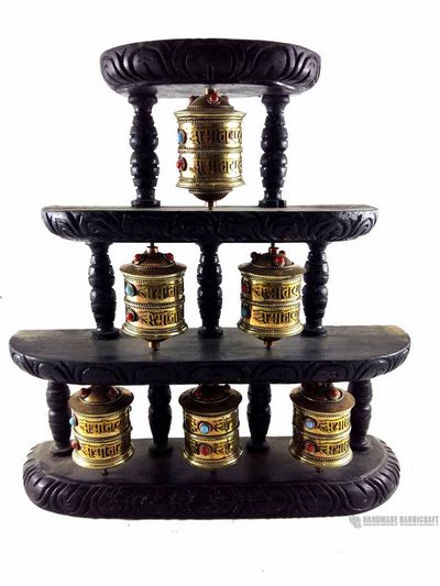 3 Layery 6 Prayer Wheel On Wooden Frame, Wall Mountable