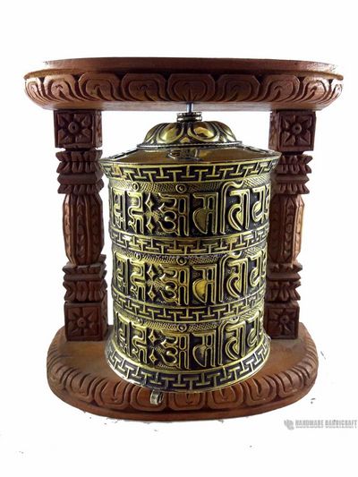 Brass Prayer Wheel On Wooden Frame - Small Size, Wall Mountable