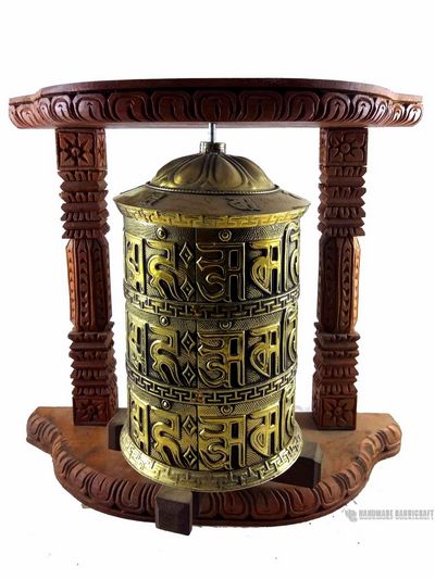 Brass Prayer Wheel On Wooden Frame, Wall Mountable