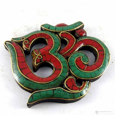 Wooden [small] Ganesh Om - Lapis And Coral [stone Setting] With Brass Inlaid, Haldu Wood