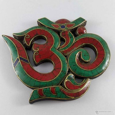 Wooden [medium] Ganesh Om - Lapis And Coral [stone Setting] With Brass Inlaid, Haldu Wood