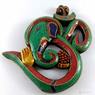 Wooden [small] Ganesh Om - Lapis And Coral [stone Setting] With Brass Inlaid, Haldu Wood
