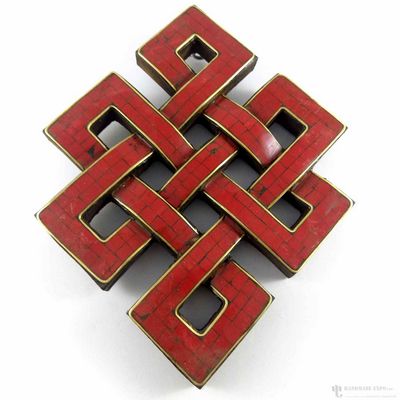 Wooden [large] Endless Knot - Coral [stone Setting] With Brass, Haldu Wood