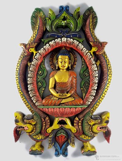 Wooden Amitabha Buddha With Dragon - Painted, [painted], Haldu Wood