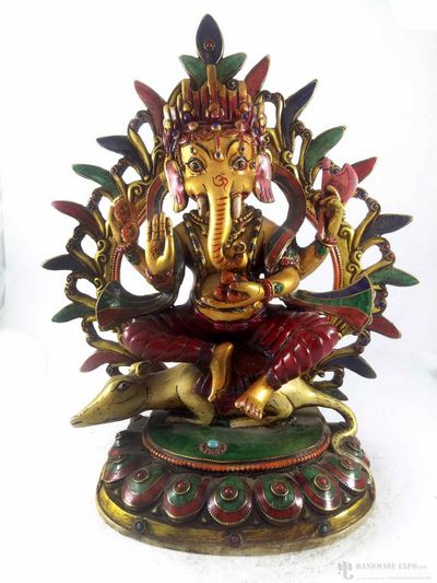Resin Statue Of Ganesh- Painted With Stone Setting