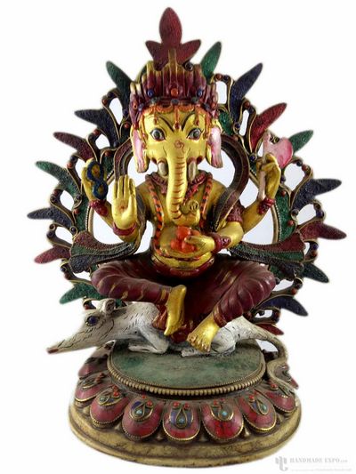 Resin Statue Of Ganesh - Painted With Stone Dust Setting