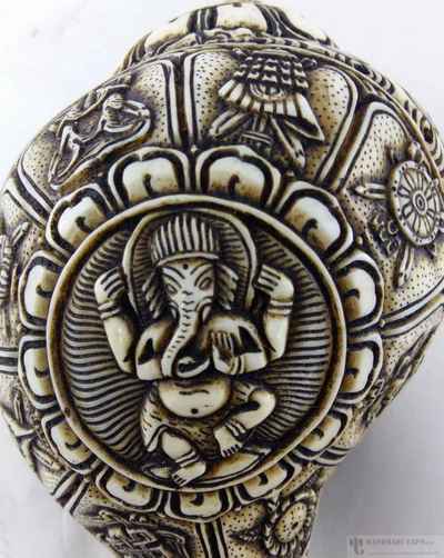 Ganesh With Ashtamangala [hand Carved], Conch Shell