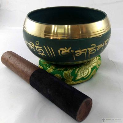 Casting Singing Bowl With Green Painting And Om Me Padme Hum, [select Accessories]