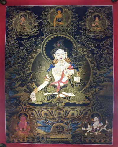 Tibetan Long Life Thangka With Padmasambhava, Shakyamuni, Tosn Kapa, Aparimita,and Namgyalma.