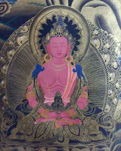 Tibetan Long Life Thangka With Padmasambhava, Shakyamuni, Tosn Kapa, Aparimita,and Namgyalma.