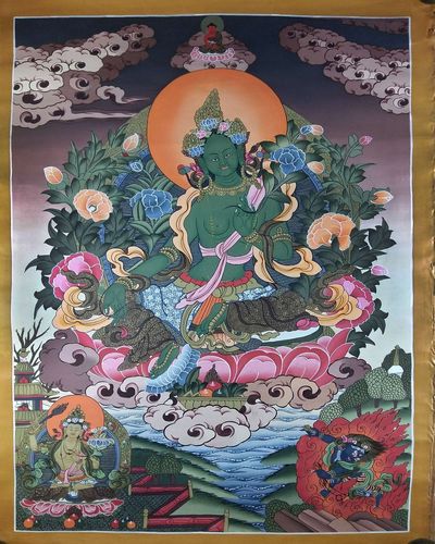 Tibetan Thangka Green Tara With Manjushri And Vajrapani [real Gold]