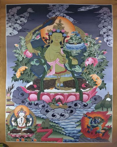 Tibetan Thangka Manjushri With Chenrezig And Vajrapani