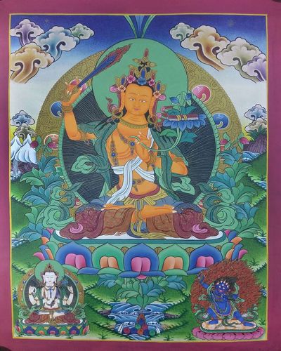Tibetan Thangka Arya Manjushri With Chenrezig And Vajrapani