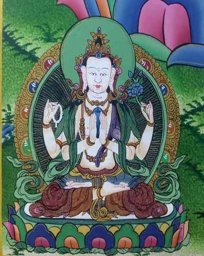 Tibetan Thangka Arya Manjushri With Chenrezig And Vajrapani
