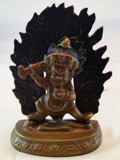 Small Mahakala Two Arms Statue- Black And Brown Oxidized